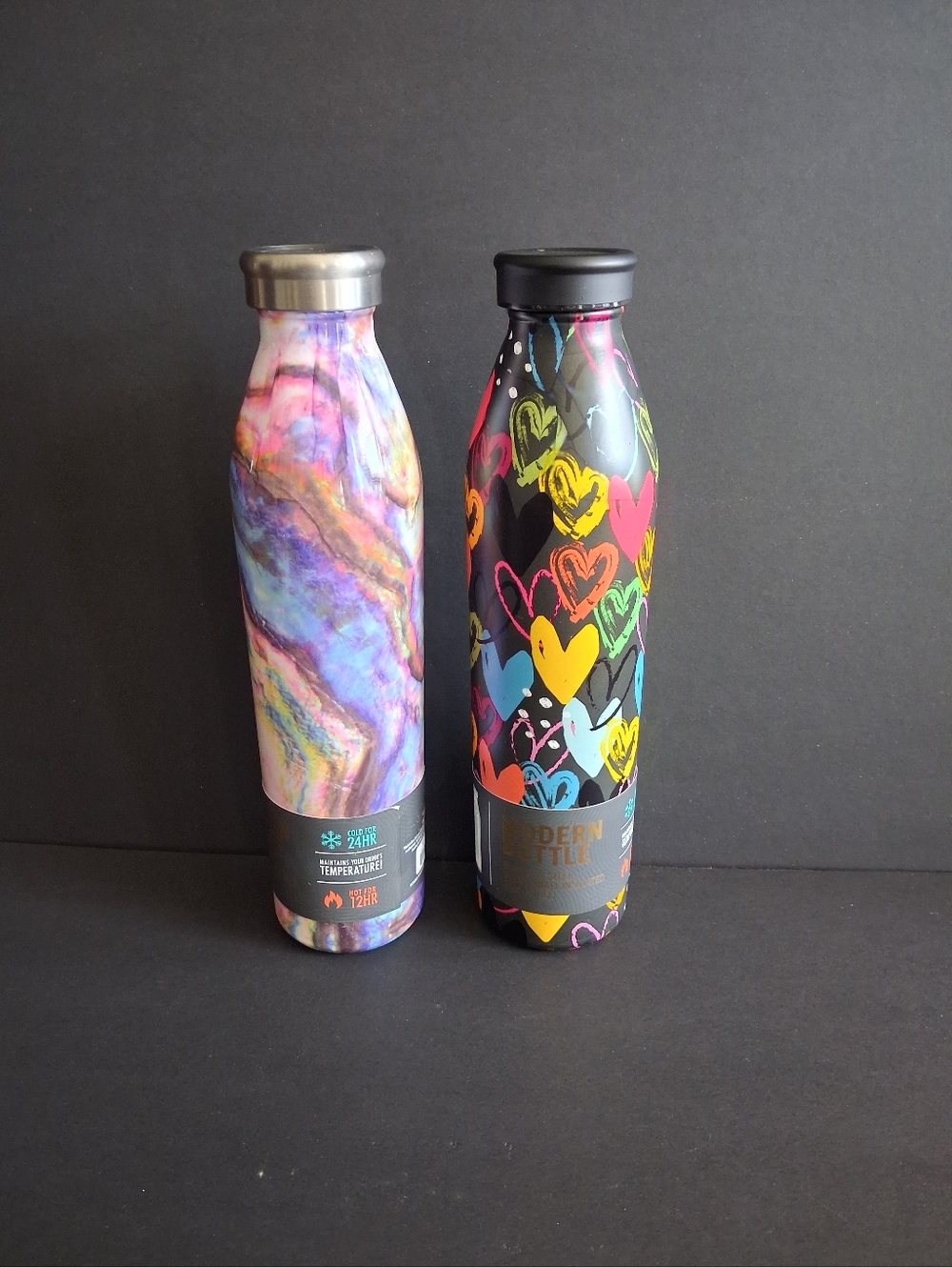 Insulated Colorful Hearts Stainless Steel Water Bottle - Black